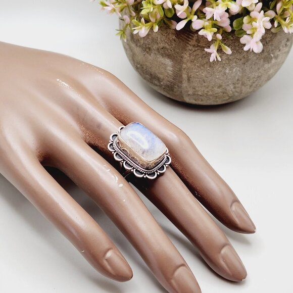 Chunky Moonstone Flash Square Framed 925 Sterling Silver Ring Adjustable - Picture 2 of 7